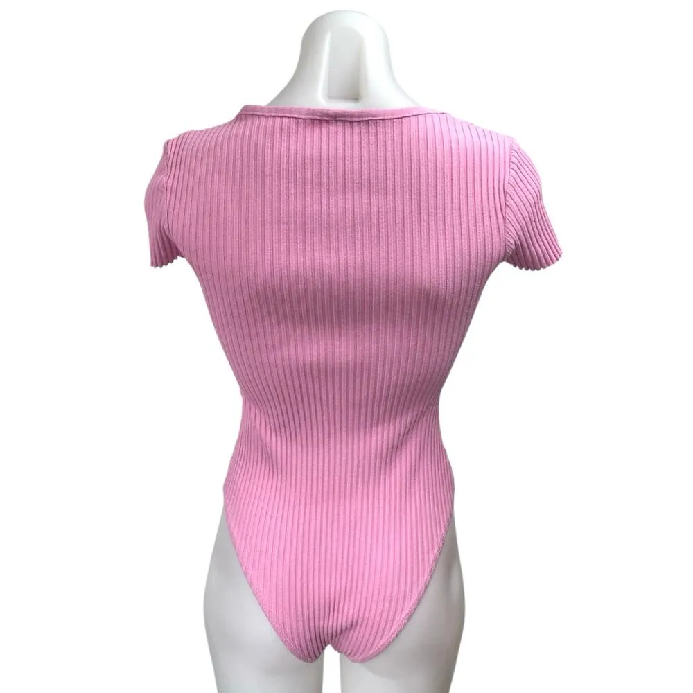 Zara Women's Pink Rib Knit Short Sleeve Sweetheart Neck Stretch Bodysuit Top M - Image 2