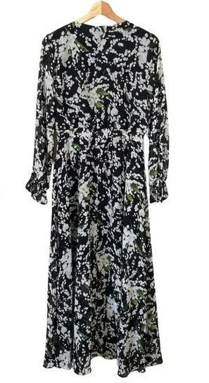 Belle Sky Women's Medium Balloon Sleeve Boho Floral Tie V-Neck Maxi Dress Black - Image 2