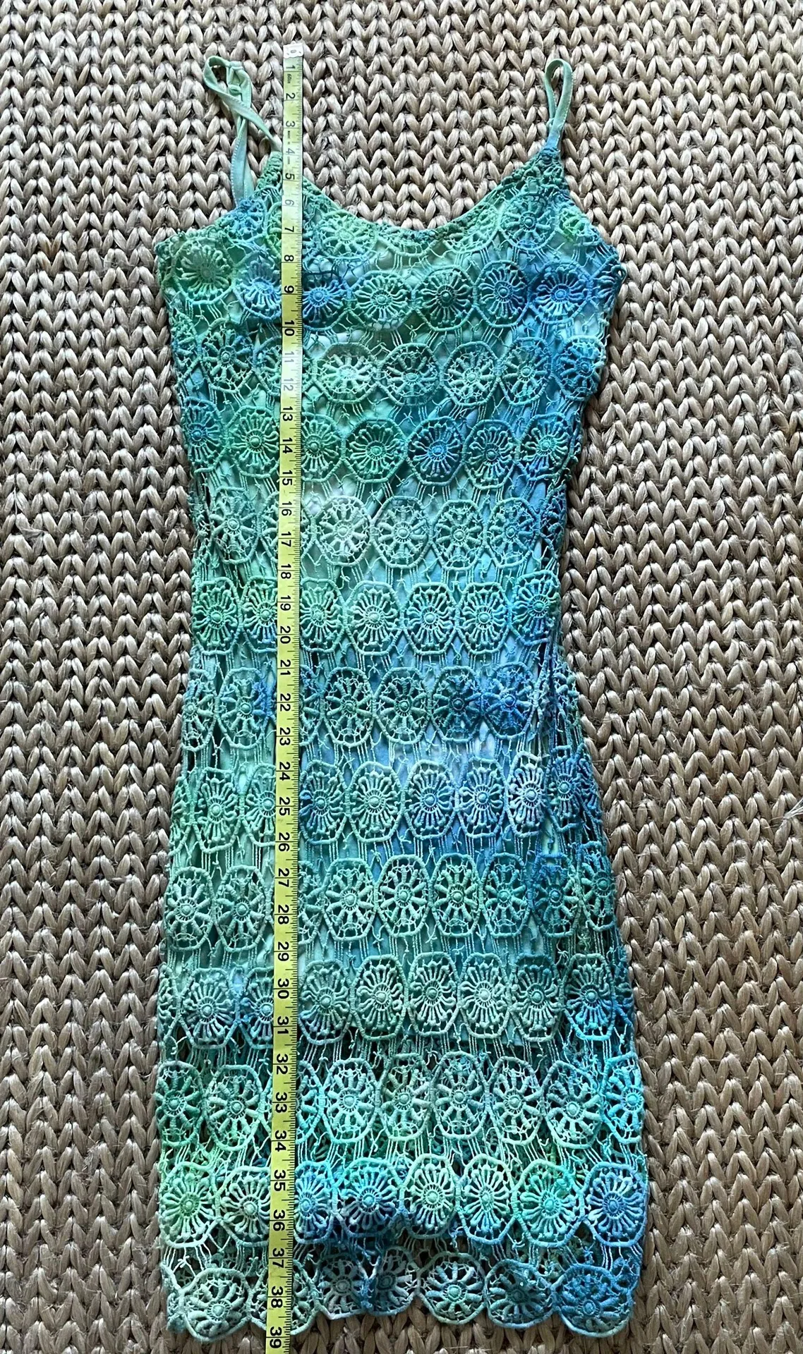. Tie Dyed Crochet Mini Dress Blue Green White Size 4 - Image 5