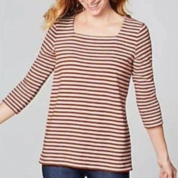 J. JILL Striped Square Neck Top Brown Cream ish 3/4 Sleeve 100% Cotton PETITE M Size undefined - Image 2