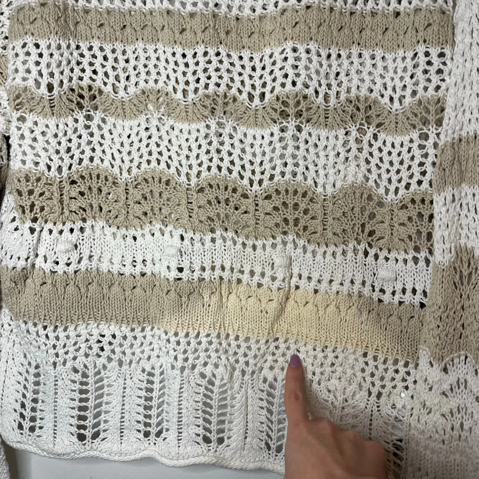 Beachlunchlounge Striped Open Knit Sweater Size M Neutral Beige White Pullover - Image 5