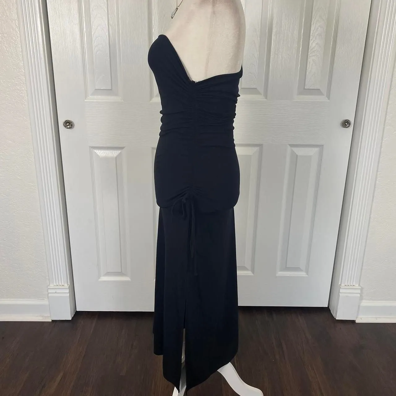 90s Romantic Goth Black Asymmetric One Shoulder Cinched Prom Formal Dress M - Image 4