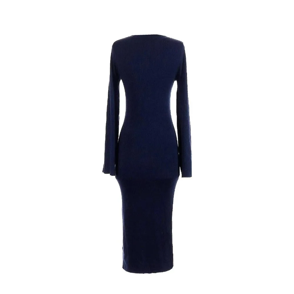 NWT J.Crew Ribbed Knit Midi in Navy Blue Stretch Long Flare Sleeve Dress XS - Image 3