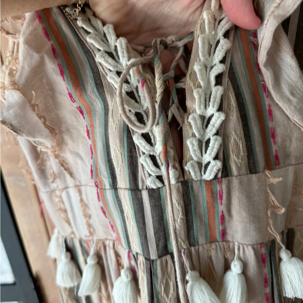 Hemant & Nandita Tiered Tassel Pixie Midi Dress ruffles embroidered eyelet vneck Tan Size M - Image 7