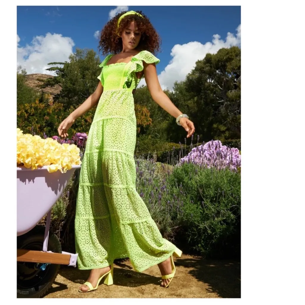 Alice + Olivia Jules Tie-Back Paneled Maxi Dress Size 4 Eyelet Neon Lace Spring - Image 16