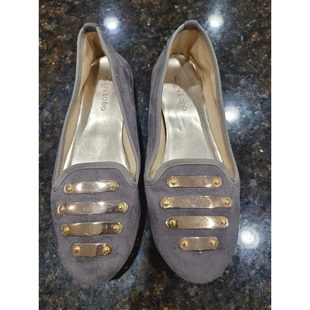 Zigi Soho Ballet Flats Shoes Womens Size 8M Taupe Suede Gold Metal Plate Slip On - Image 3