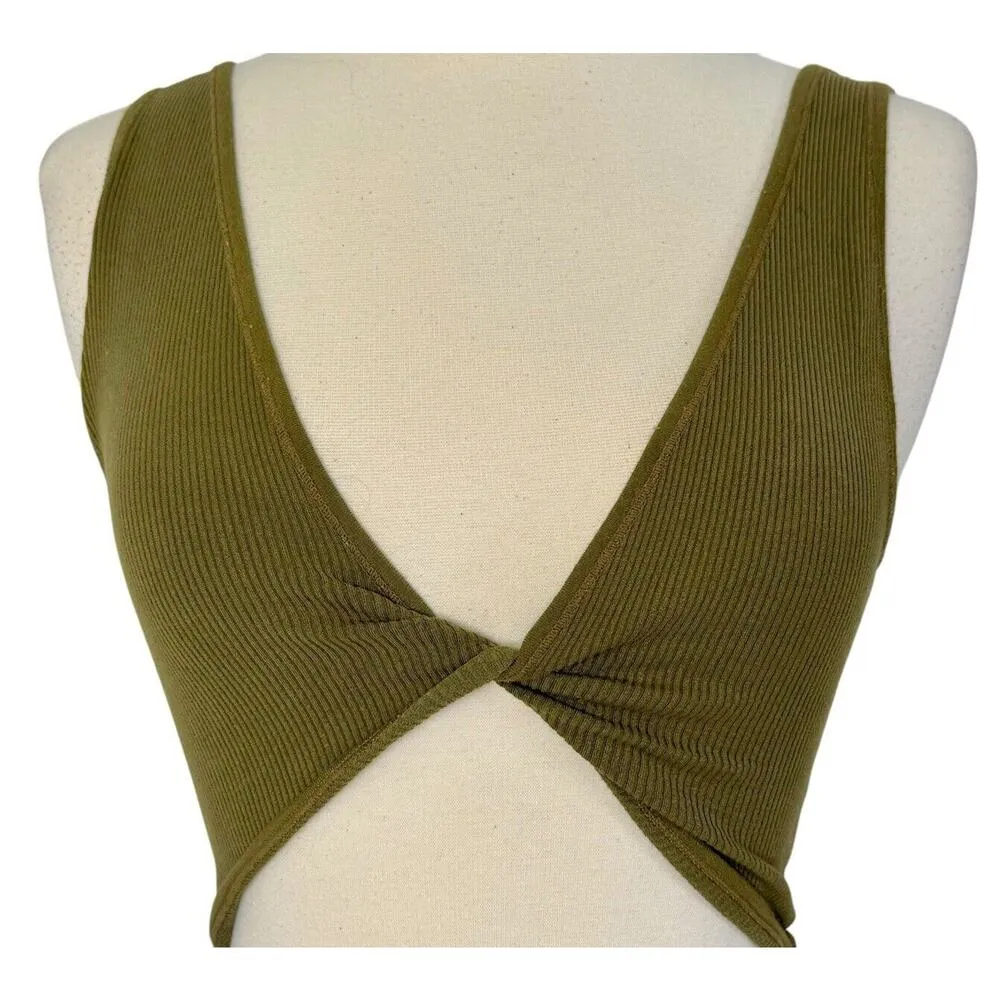 URBAN OUTFITTERS Out From Under Ribbed Twisted Crop Tank Top Olive Green XS/S - Image 3