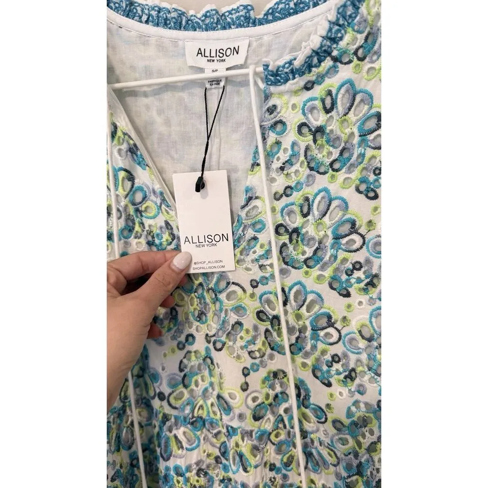 Allison New York Alice Floral Eyelet Ruffle Mini Dress Cover Up Size Small 1772 Blue - Image 5