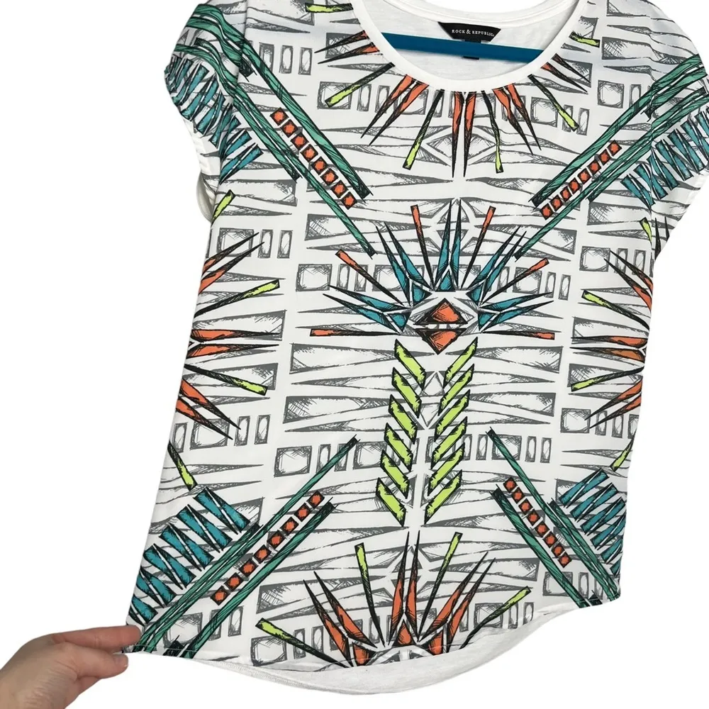 Mixed Media Cap Sleeve Tribal Print Tee Shirt - Image 4