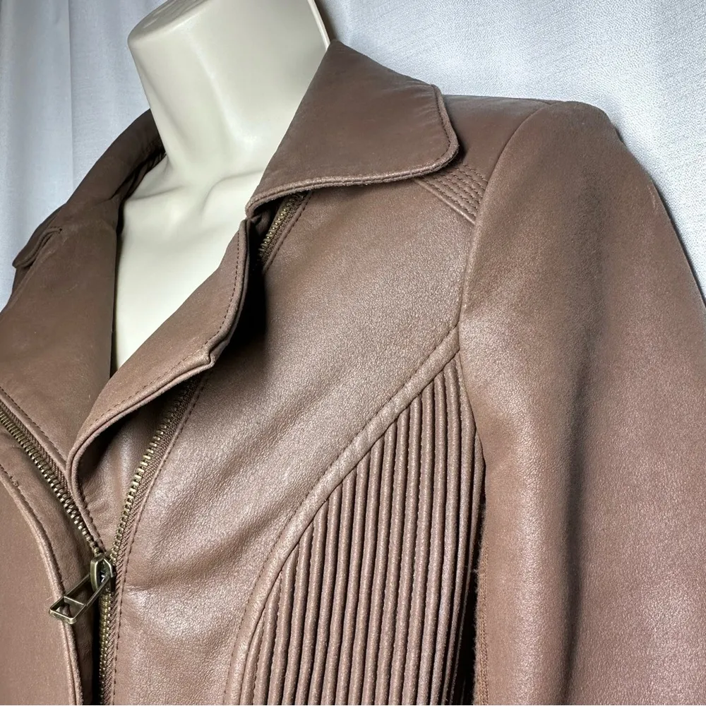 My Tribe Leather Moto Jacket Brown Full Zip Asymmetric Hem Biker Rocker XS Y2K - Image 4
