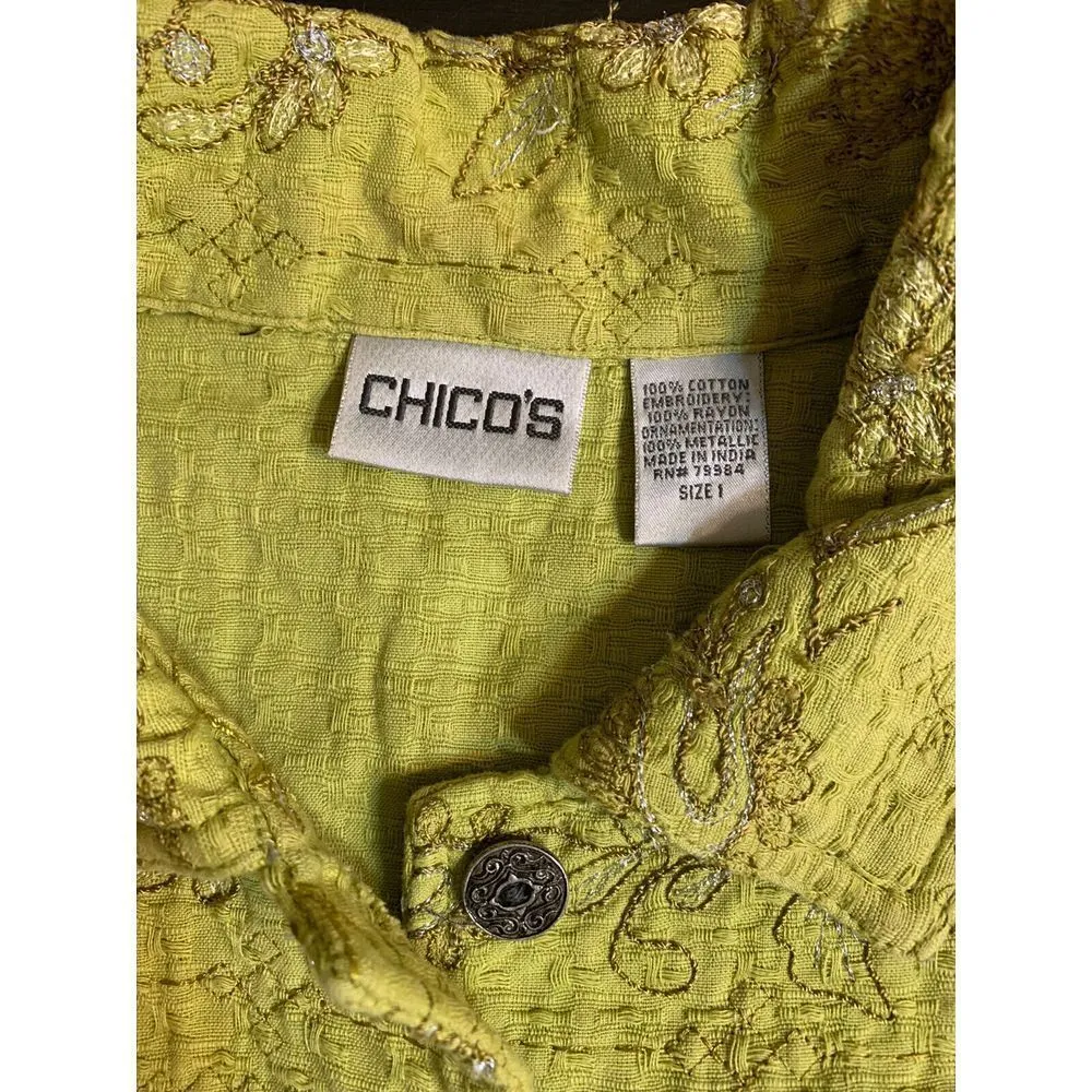 Chico's Jacket Women's‎ Size 1 Medium Embroidered Green Metallic Thread - Image 3