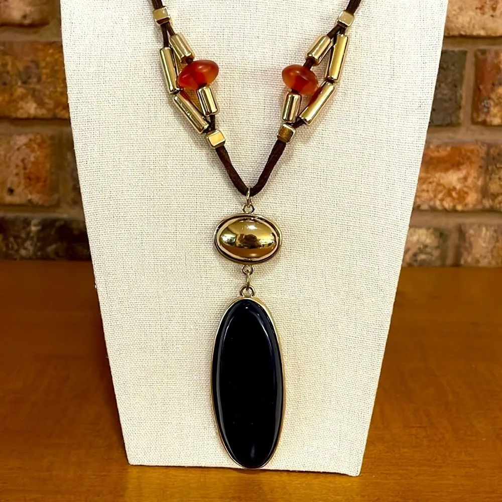 Chico’s leather long beaded necklace with gold and navy blue pendant - Image 6