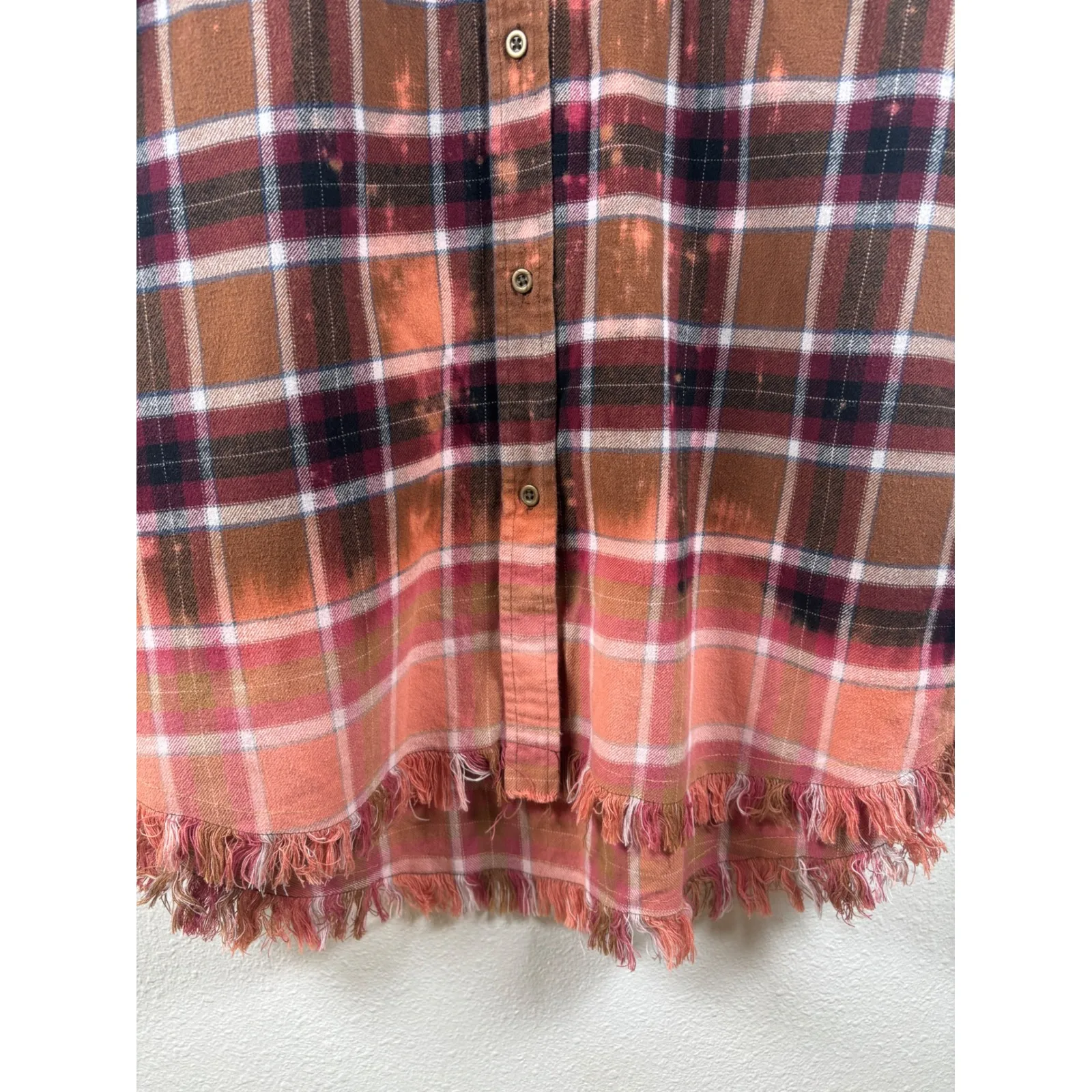ONE 24 RAGS Distressed Bleached Plaid Flannel Shirt Women's Small Frayed Hem Brown - Image 5