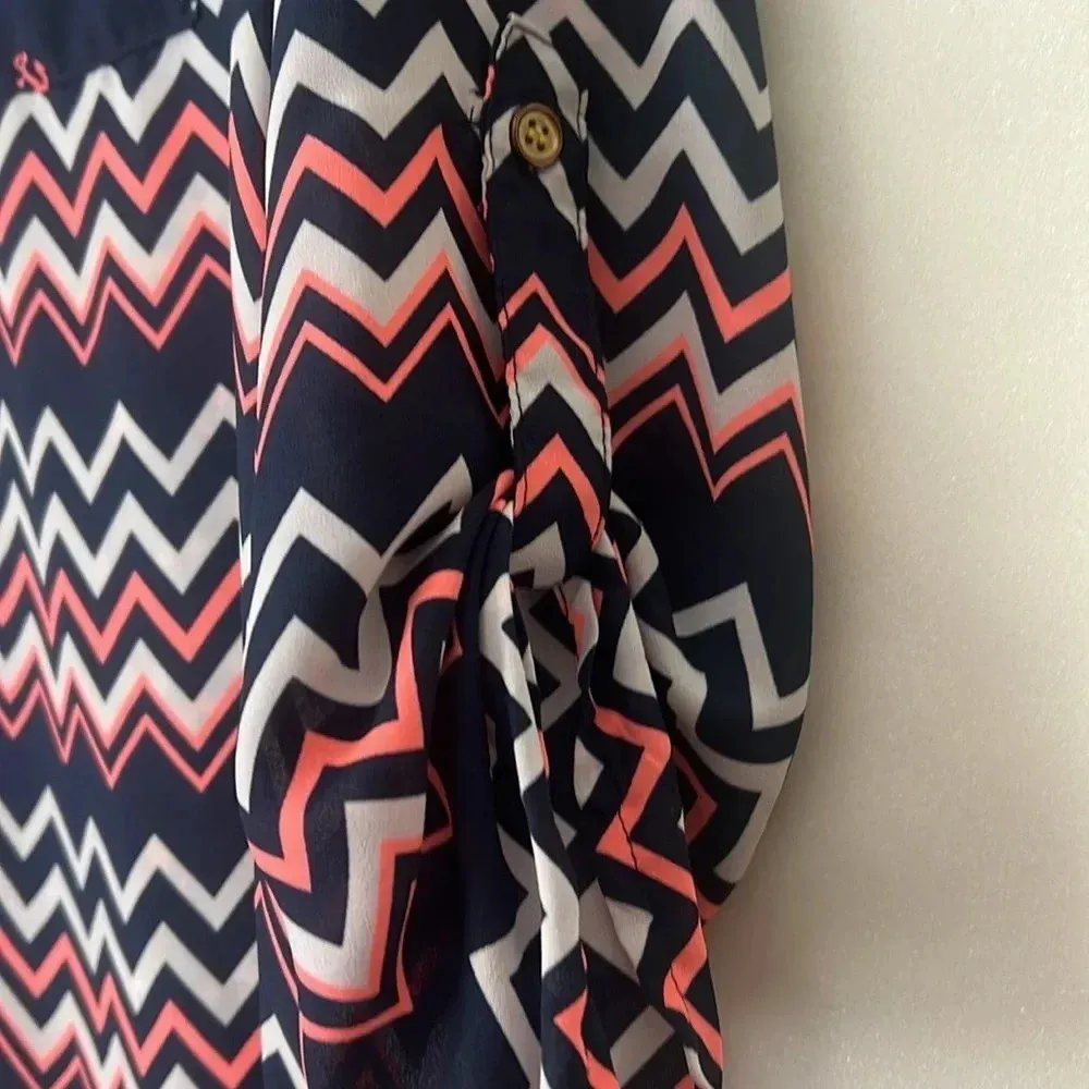 Wishful Park SZ M Nautical Navy Blue White & Pink Anchor Chevron Blouse Top - Image 5