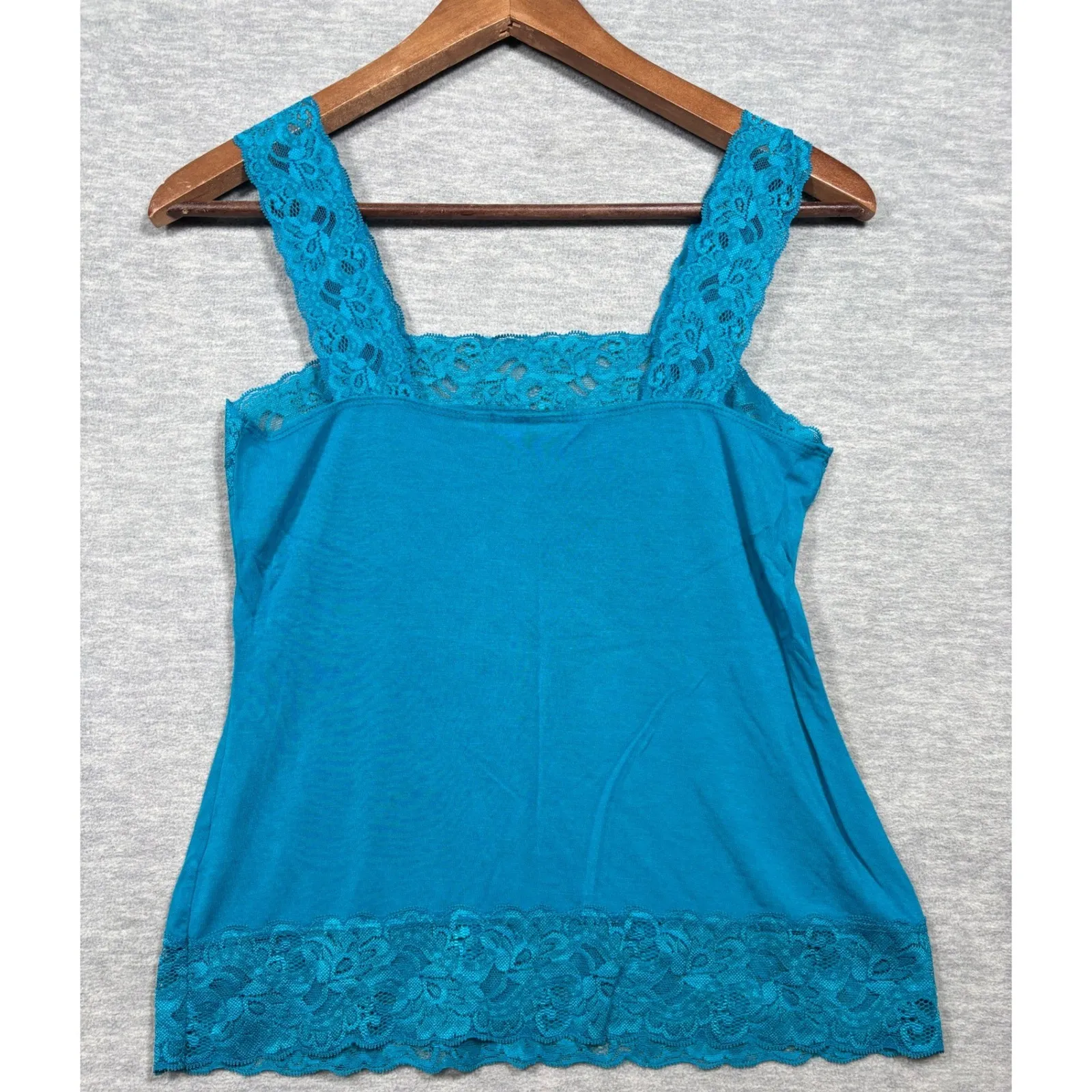 Y2K Tank Top Size S Petite Halogen Lace Trim Tank Top Teal Blue Stretch - Image 5