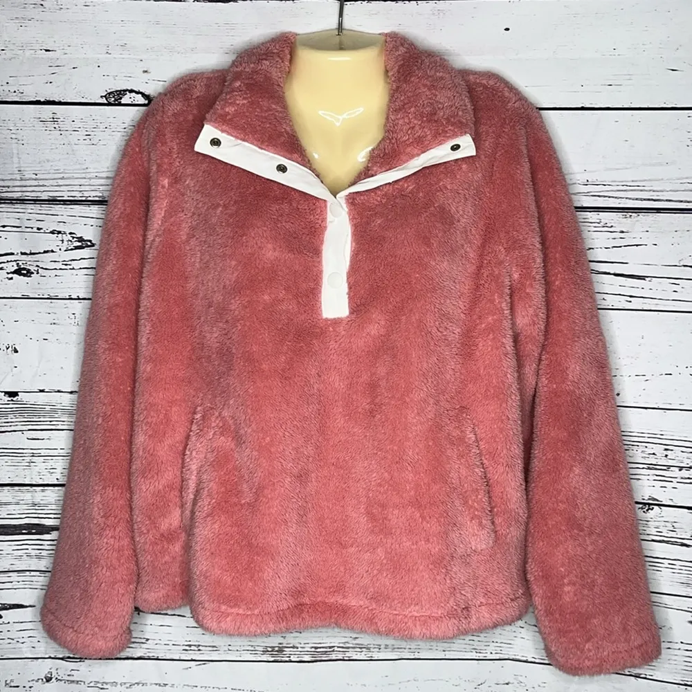 J. Crew Size L Rose Pink Faux Fur Henley Pullover Sweatshirt Jacket w/ Pockets - Image 2
