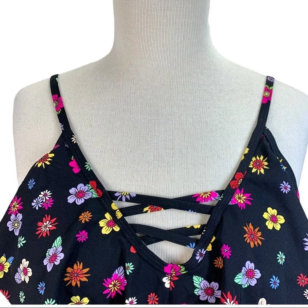 California Waves | NWT | Juniors Medium | Black Floral Flounce Bikini Swim Top - Image 4