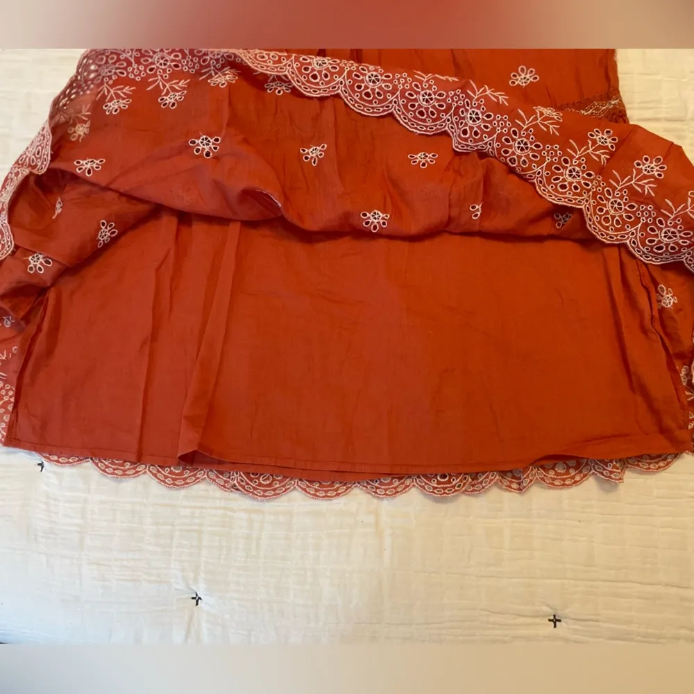 ZARA Ruffled Eyelet Embroidered Boho Long Sleeve Mini Dress in Coral Size S - Image 9