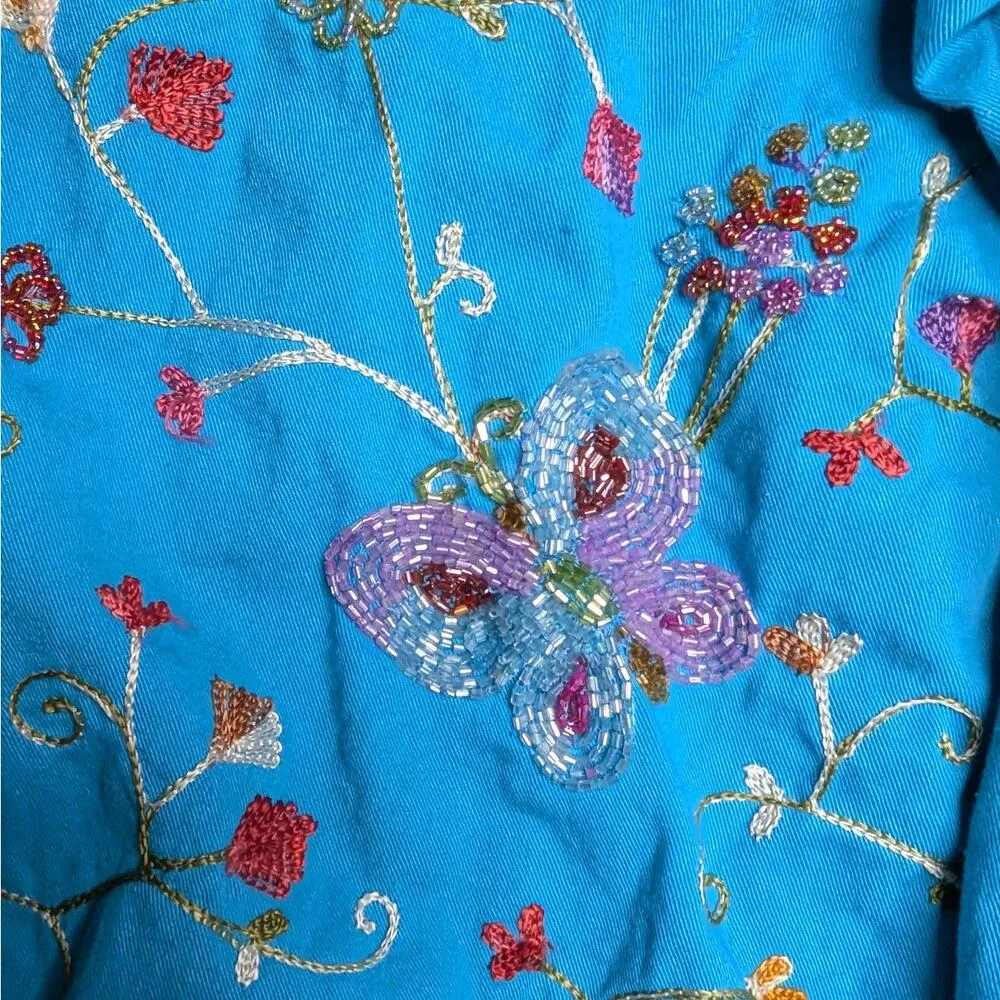 Vtg Y2K Quacker Factory Blue Floral Butterfly Embroidered Beaded Cotton Jacket S - Image 3
