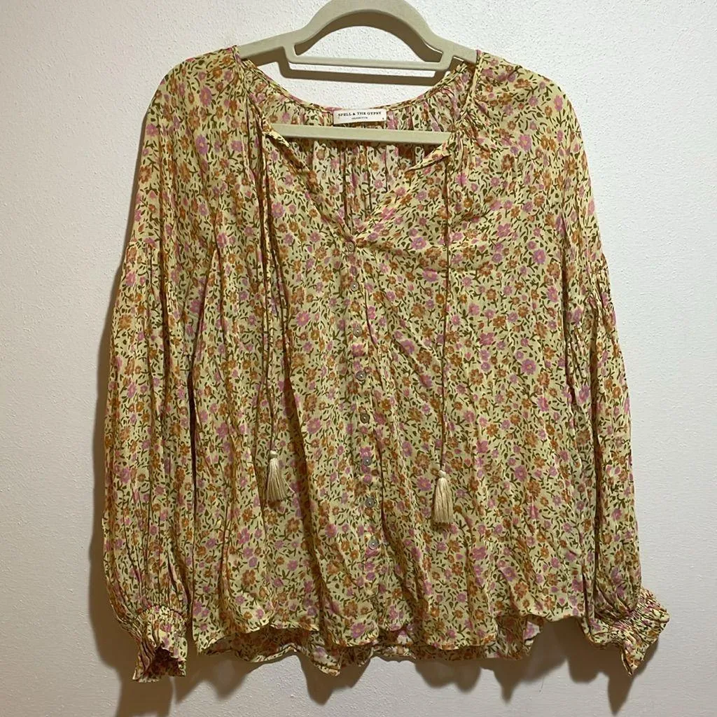Spell & the Gypsy Collective Rae Floral Tassel Blouse Yellow Size Small Boho - Image 4