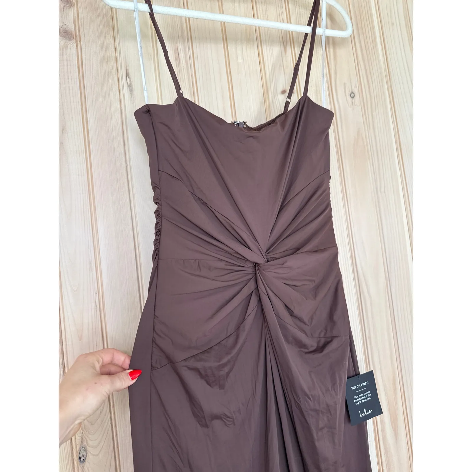 NWT Lulus Mesmerizing Reputation Brown Twist-Front Bodycon Midi Dress Cocktail L - Image 4