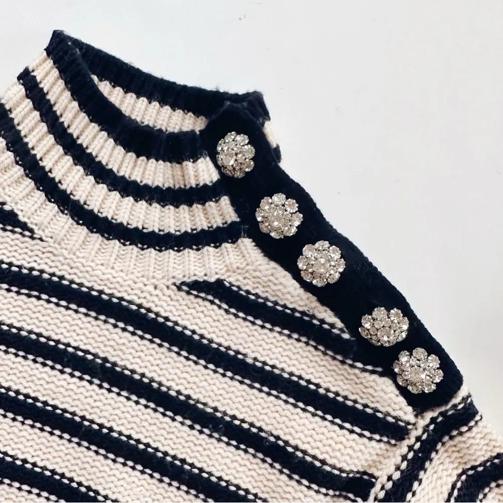 NEW J.Crew Cable-Knit Mockneck Pullover in Stripe with Jewel Buttons Size XXS - Image 5