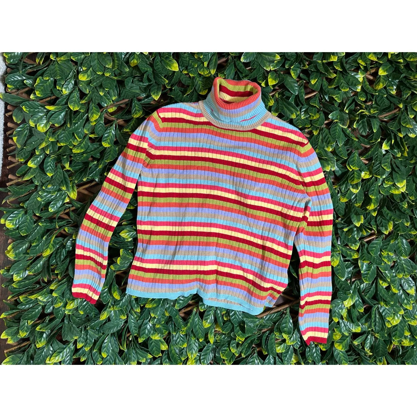 Vintage Talbots 100% Cotton Rainbow Striped Turtleneck Size Large - Image 2