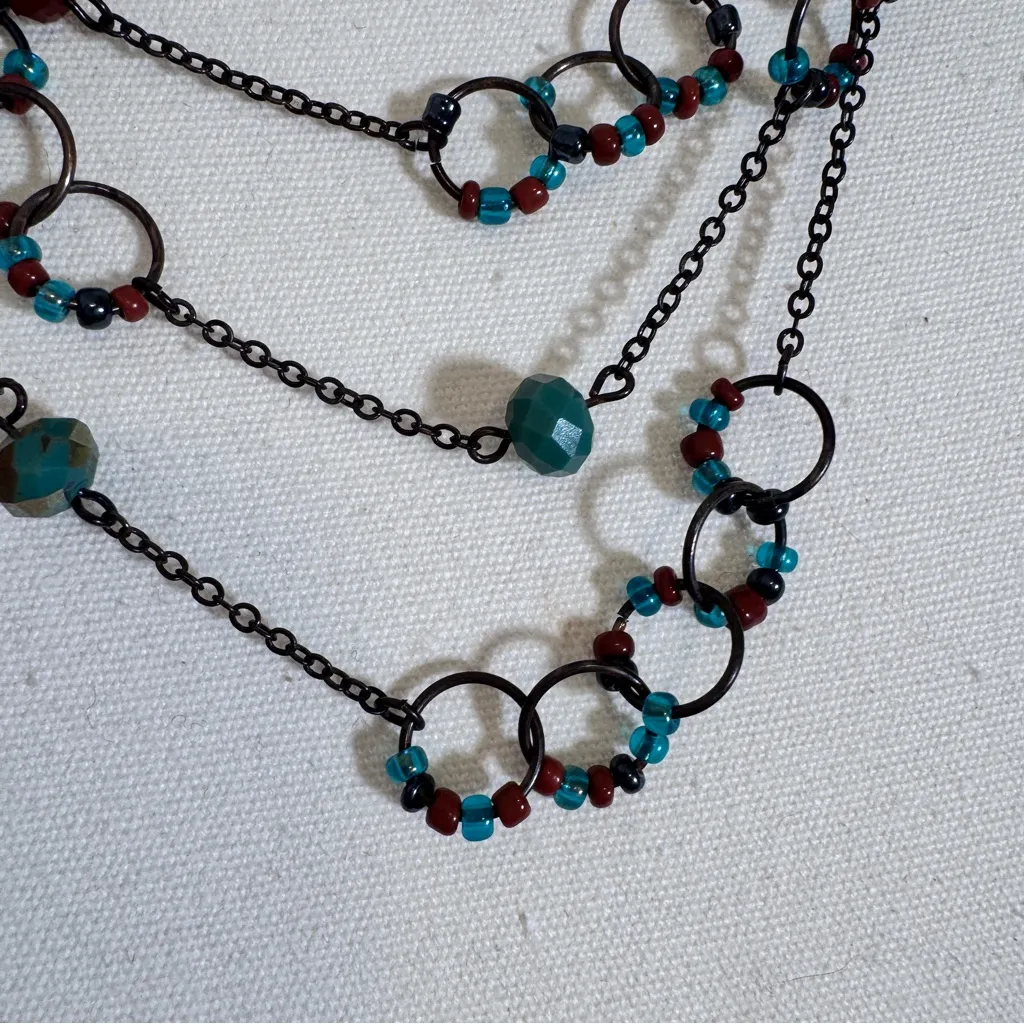 Black Metal Teal Bead Tiered Long Necklace Boho Festival - Image 6