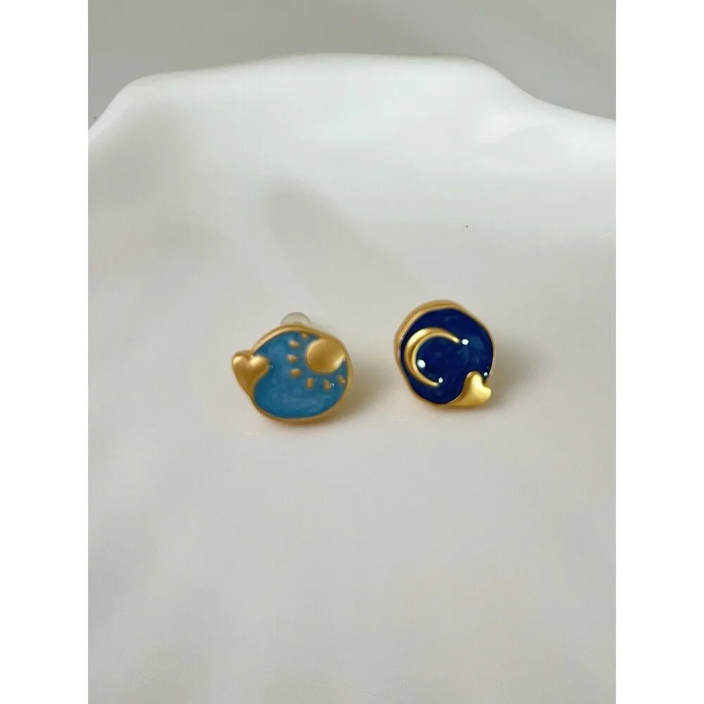 Stud Earrings Blue Gold Plated Earring Handmade Asymmetry Moon Sun Star - Image 2