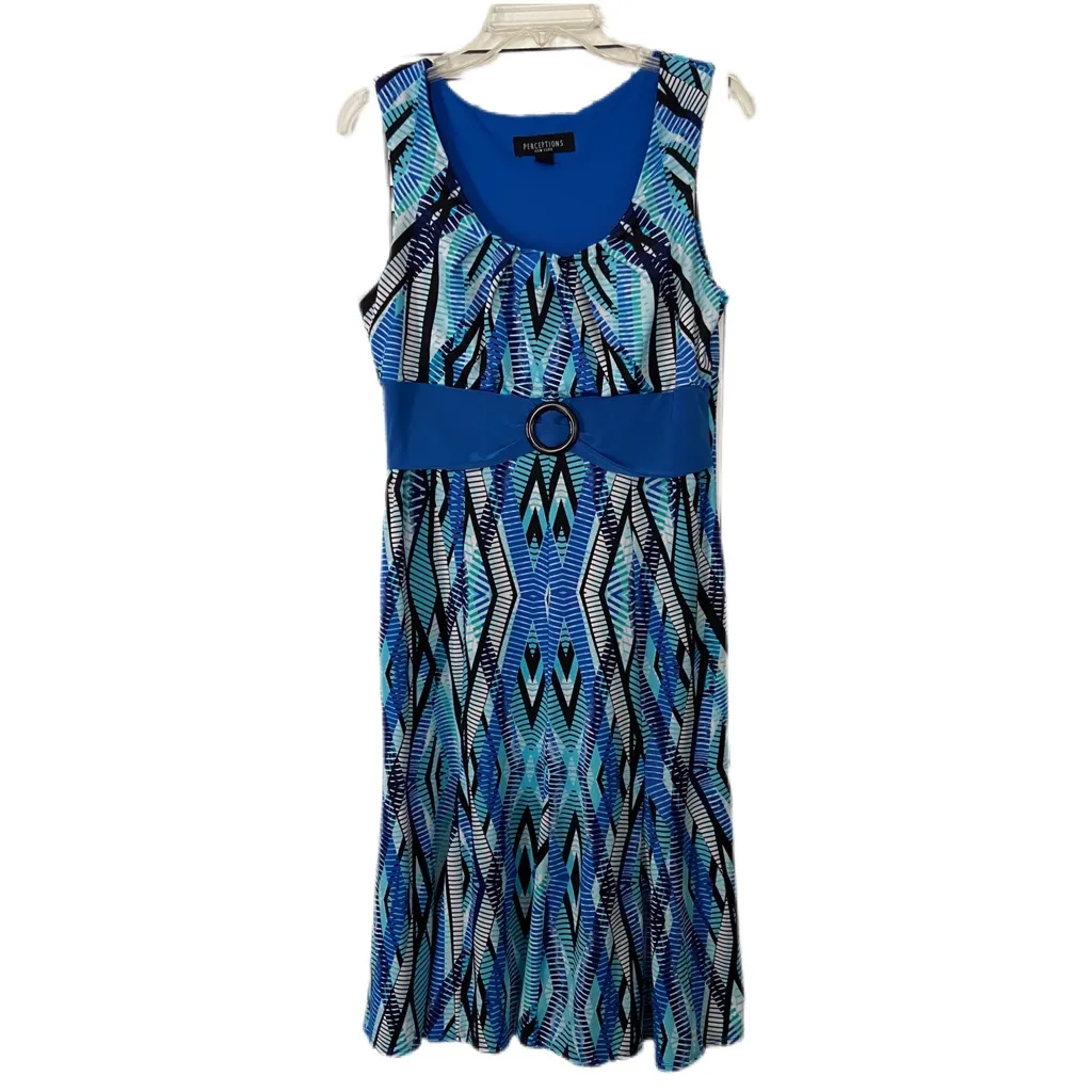 Perceptions Vibrant Blue Patterned Midi Dress Size Medium - Image 2