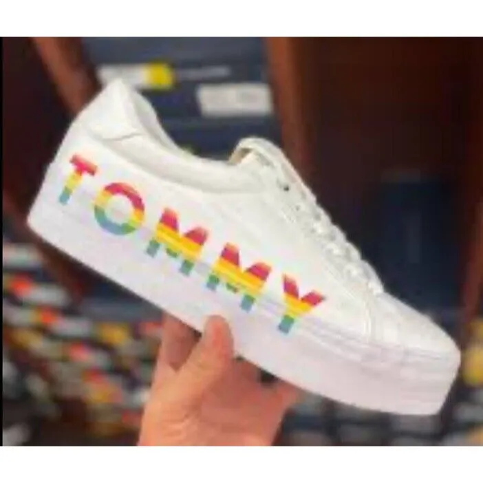 TOMMY HILFIGER White Faux‎ Leather Rainbow TOMMY Sneakers Comfort Size 10 - Image 2