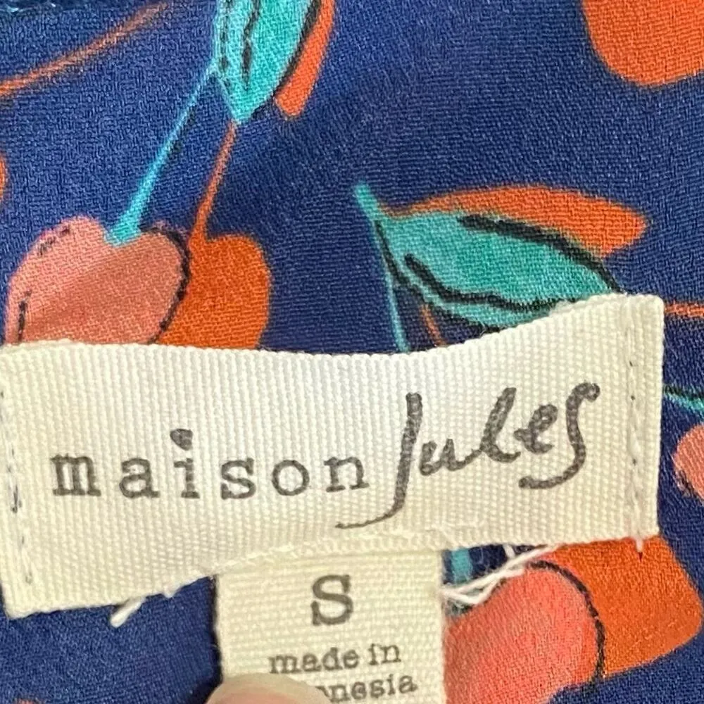 MAISON JULES Cherry Print Sleeveless Scallop Hem Layered Blouse Size Small Navy - Image 8