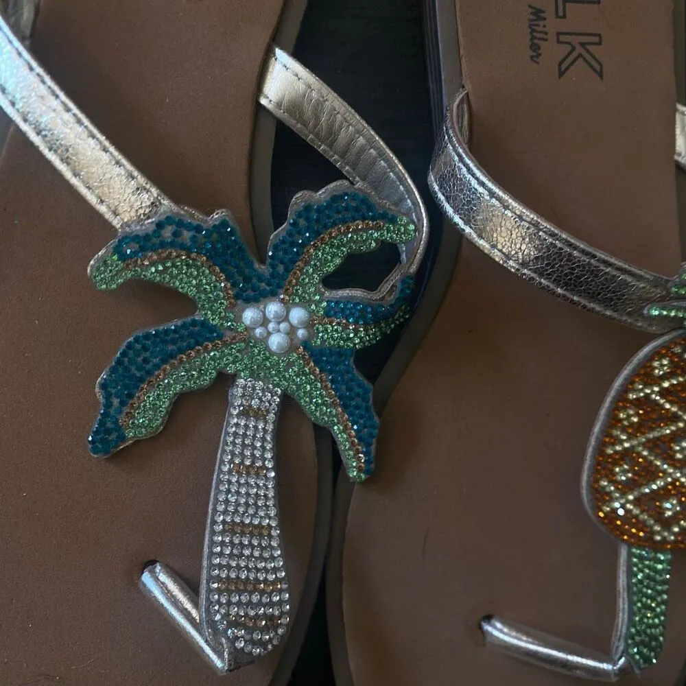 WLK by S. Miller palm tree pineapple bling flat thong size 7 Green - Image 7