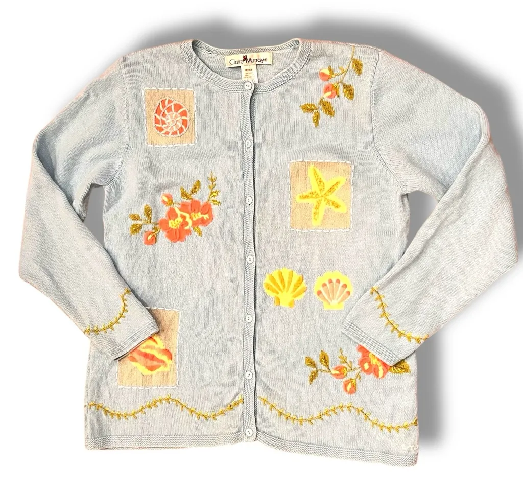 Claire Murray Cardigan Sweater Womens Medium Seashell Flowers Blue Button - Image 1