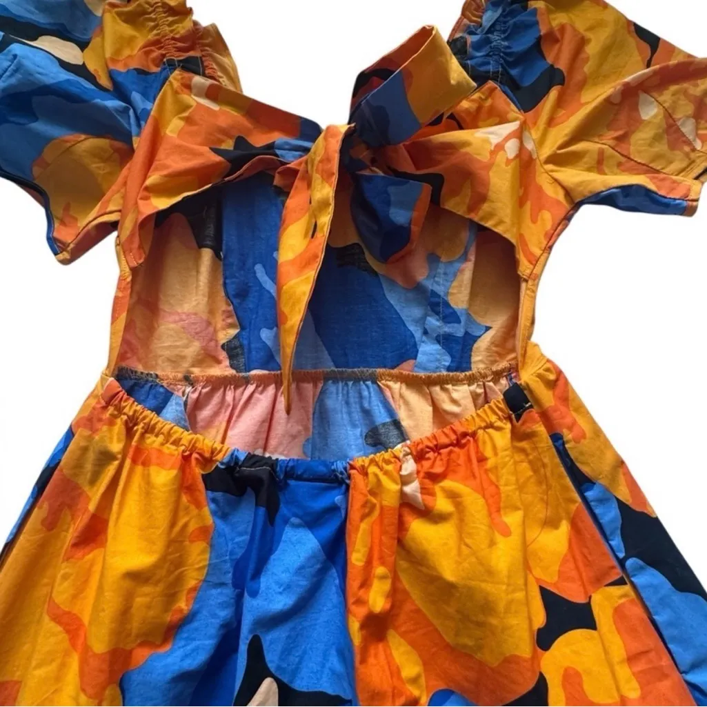 Tabitha Brown Target Vibrant Orange & Blue Floral Dress Puff Sleeve Dress Size 4 - Image 12
