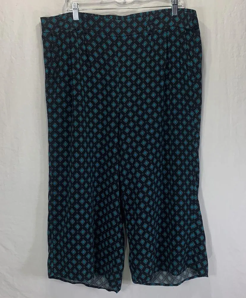 Wide Leg Diamond Print Black Turquoise Palazzo Trouser Capri Pants Size 2 - Image 8