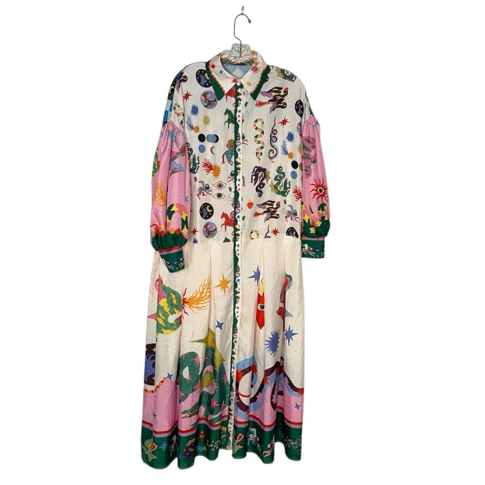 HANDMADE Multi Print Shirt Dress Balloon Sleeve Boho AOP Full Button Front - Image 3