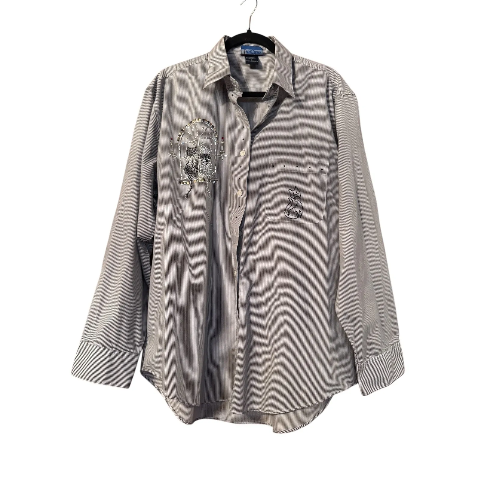 LASOLAS Pinstripe Button Up Shirt Rhinestone Cat Embellished Pockets L Black Size L - Image 2
