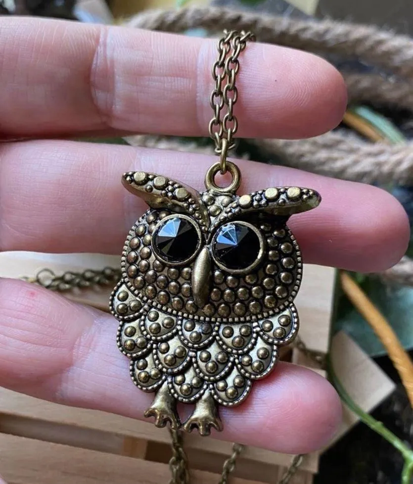 Black Crystal Eyes Copper Owl Long Necklace Gold - Image 2