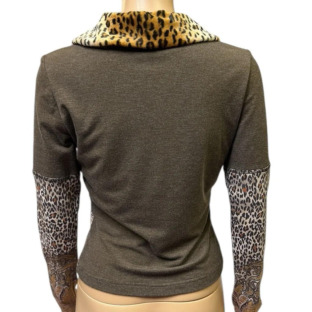 Casadei Mixed Media Vintage Leopard Paisley Lightweight Jacket Faux Fur Collar S - Image 10