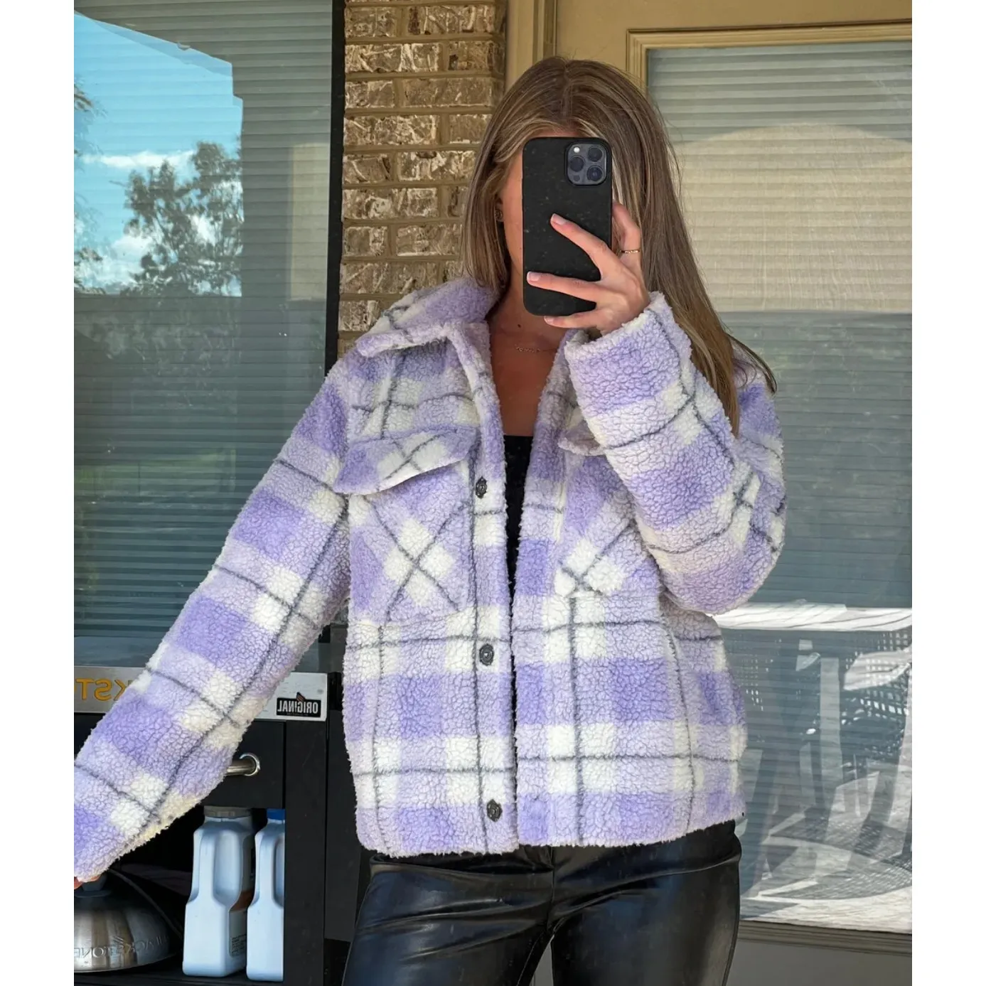 7 For All Mankind Lilac Plaid Sherpa Jacket - Image 3