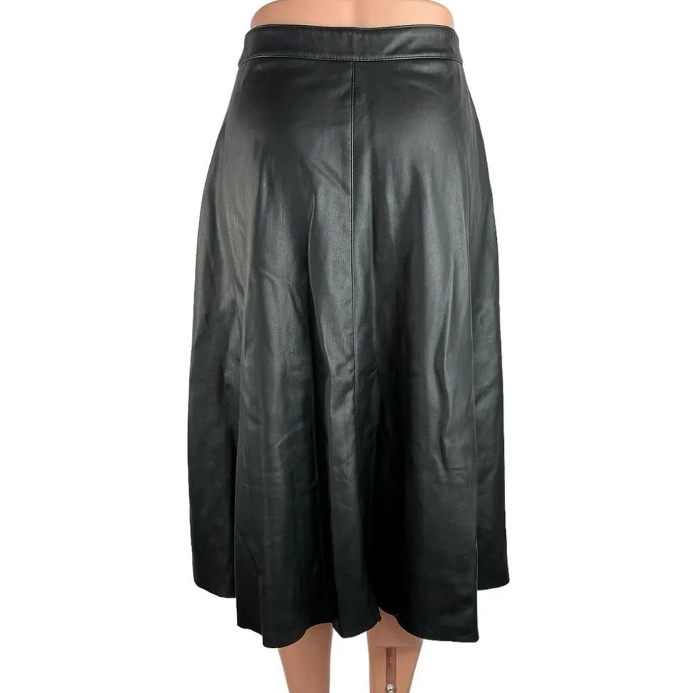 ZARA Women's Black Faux Leather Button Up Flared Calf Length A-Line Skirt Size S - Image 3