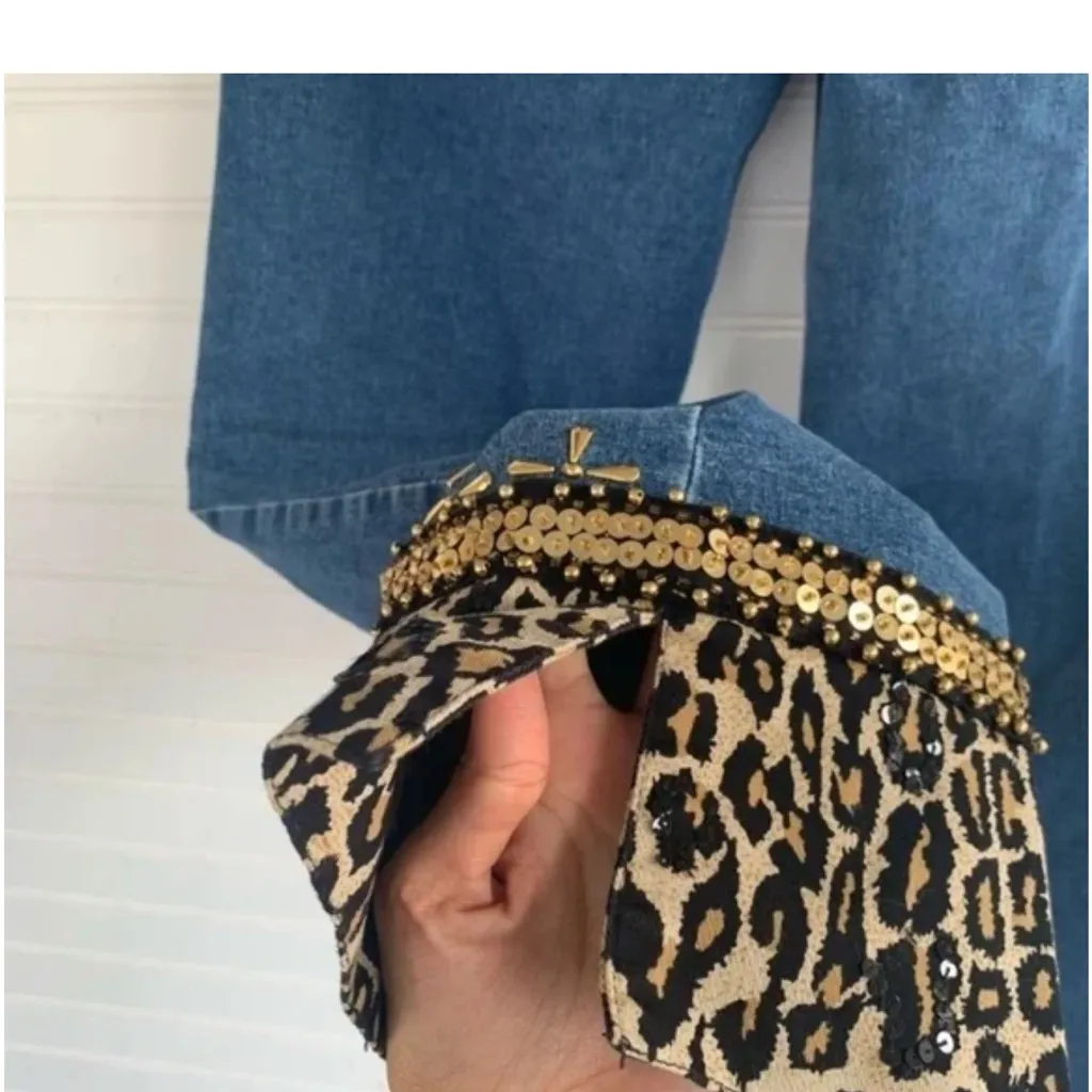 Gabby D Leopard Print Sequin Cuff High Waisted Straight Bootcut Denim Jeans Blue Size 4 - Image 6