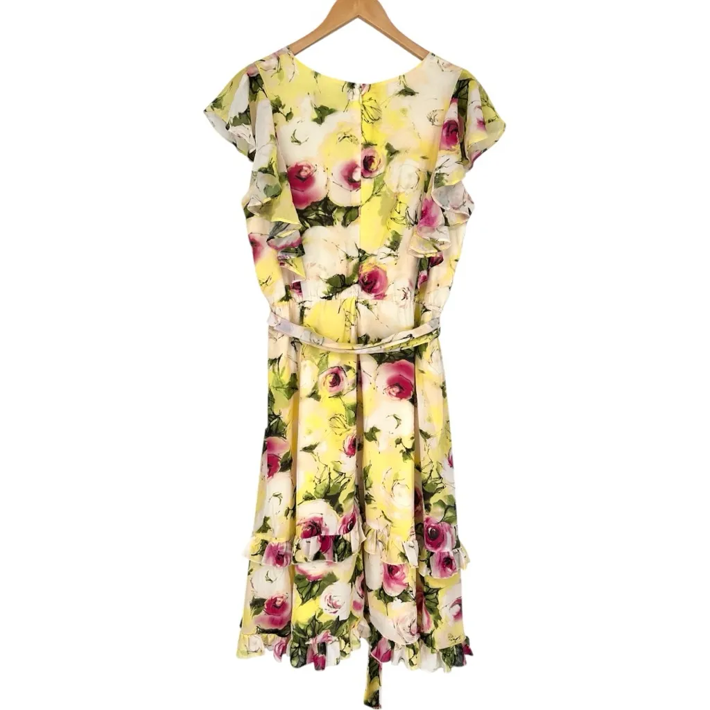 Marc Bouwer Yellow Floral Tiered Midi Dress size Large Ruffle Flutter Sleeves - Image 8