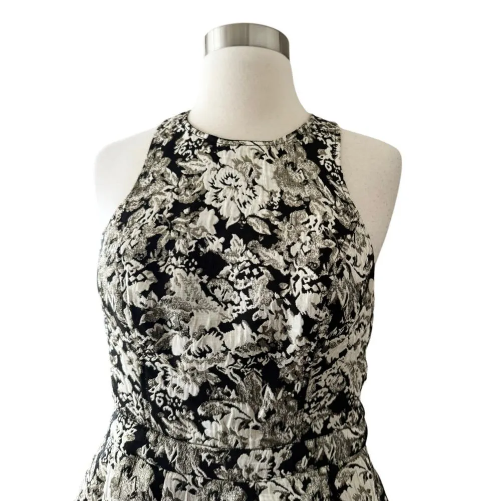 Abercrombie & Fitch Dress Black Jacquard Cream Floral Silver Thread Cotton Small - Image 6