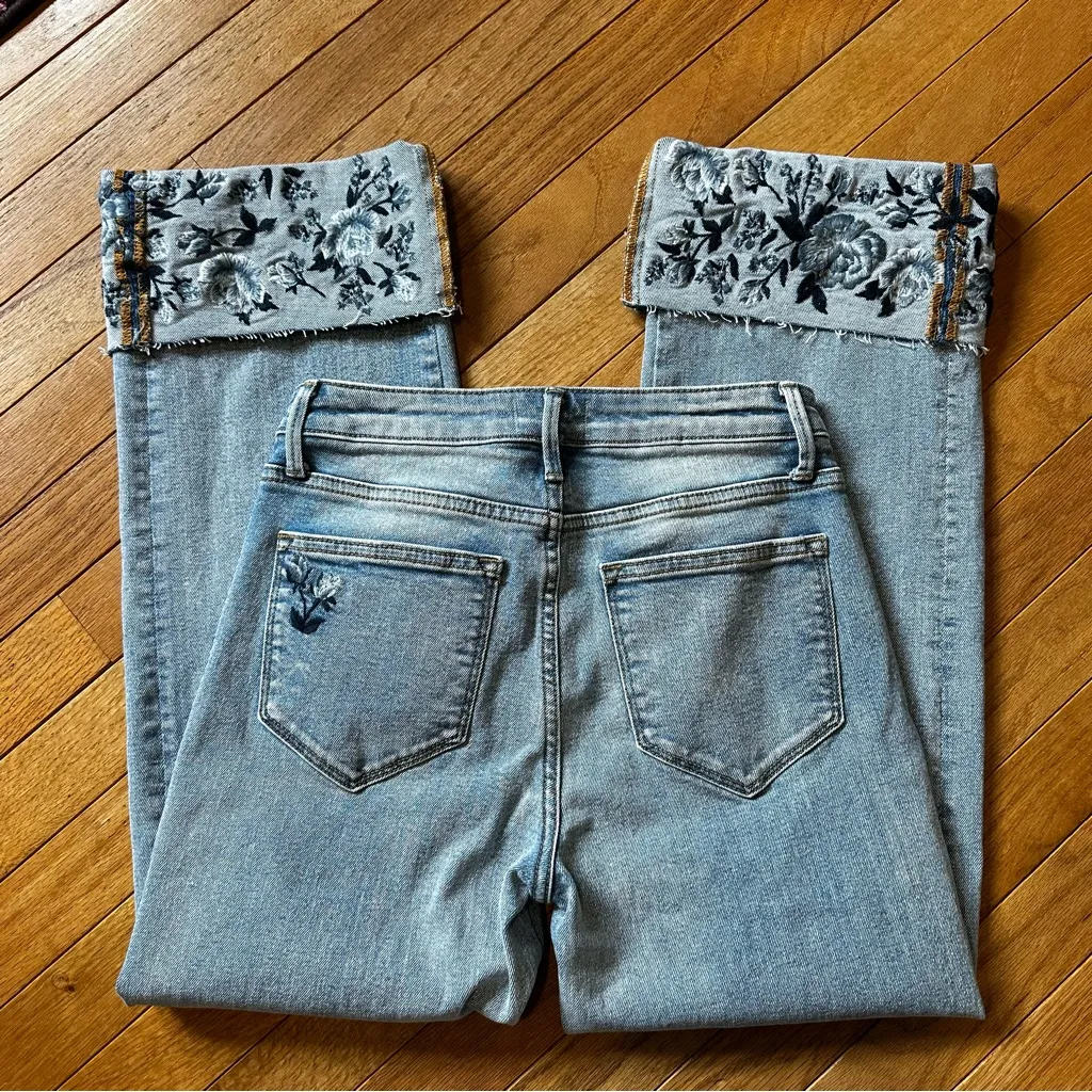 Driftwood Collette Embroiered Floral Cuff Straight Jeans Womens 24 Blue - Image 4