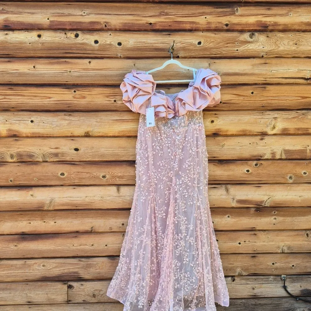 Mac Duggal 21003 Pink Beaded Mermaid Gown With Off The Shoulder Ruffle - Image 11