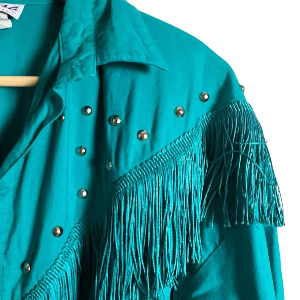 Vintage Teal Blue Western Boho Fringed Studded Long Sleeve Maxi Shirt Dress M Size M - Image 2