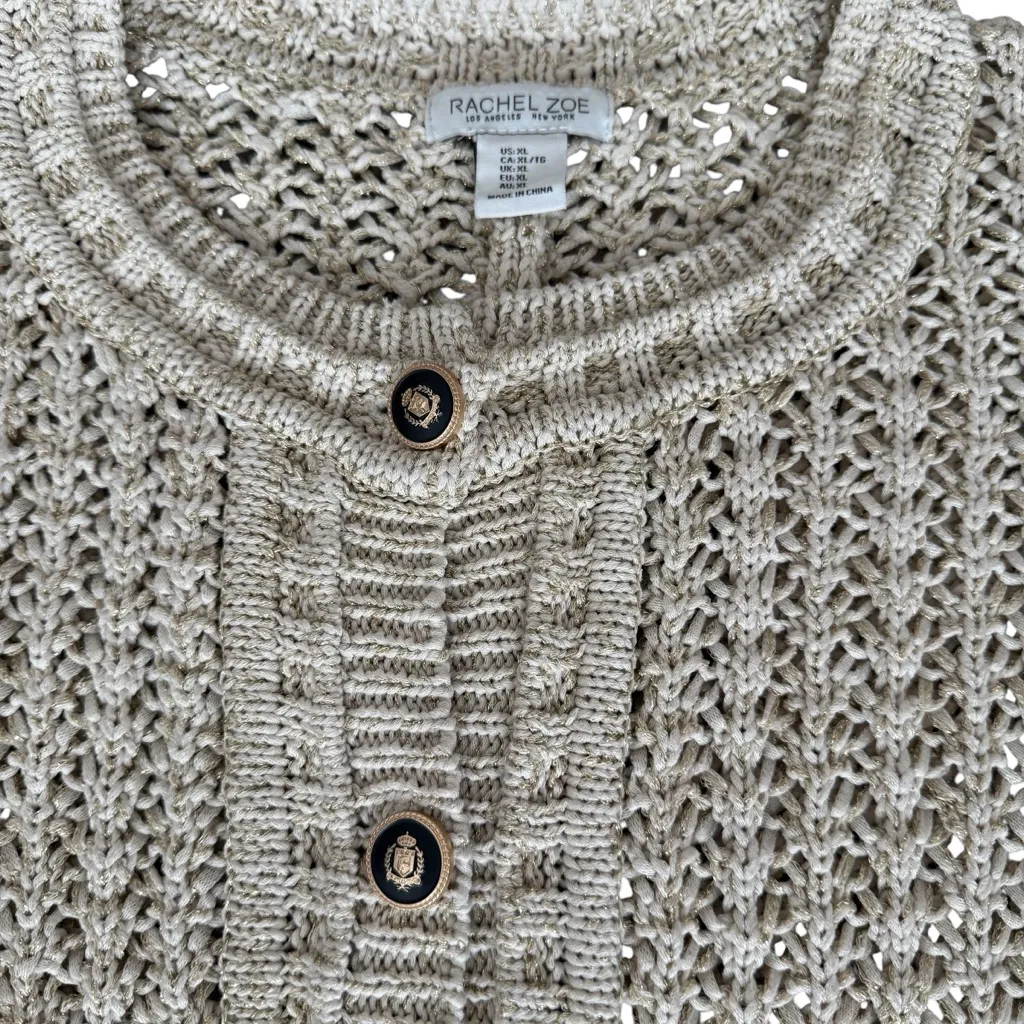 Rachel Zoe Sweater Womens XL Tan Gold Metallic Open Knit Cardigan Crest Buttons - Image 4