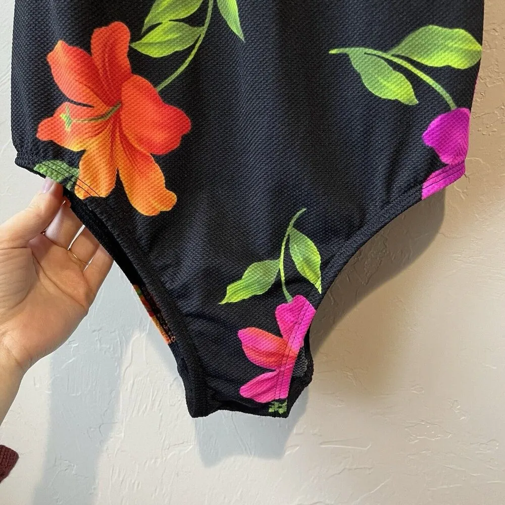 LONGITUDE Vintage floral purple green black bold colored one piece swimsuit sz 8 - Image 2
